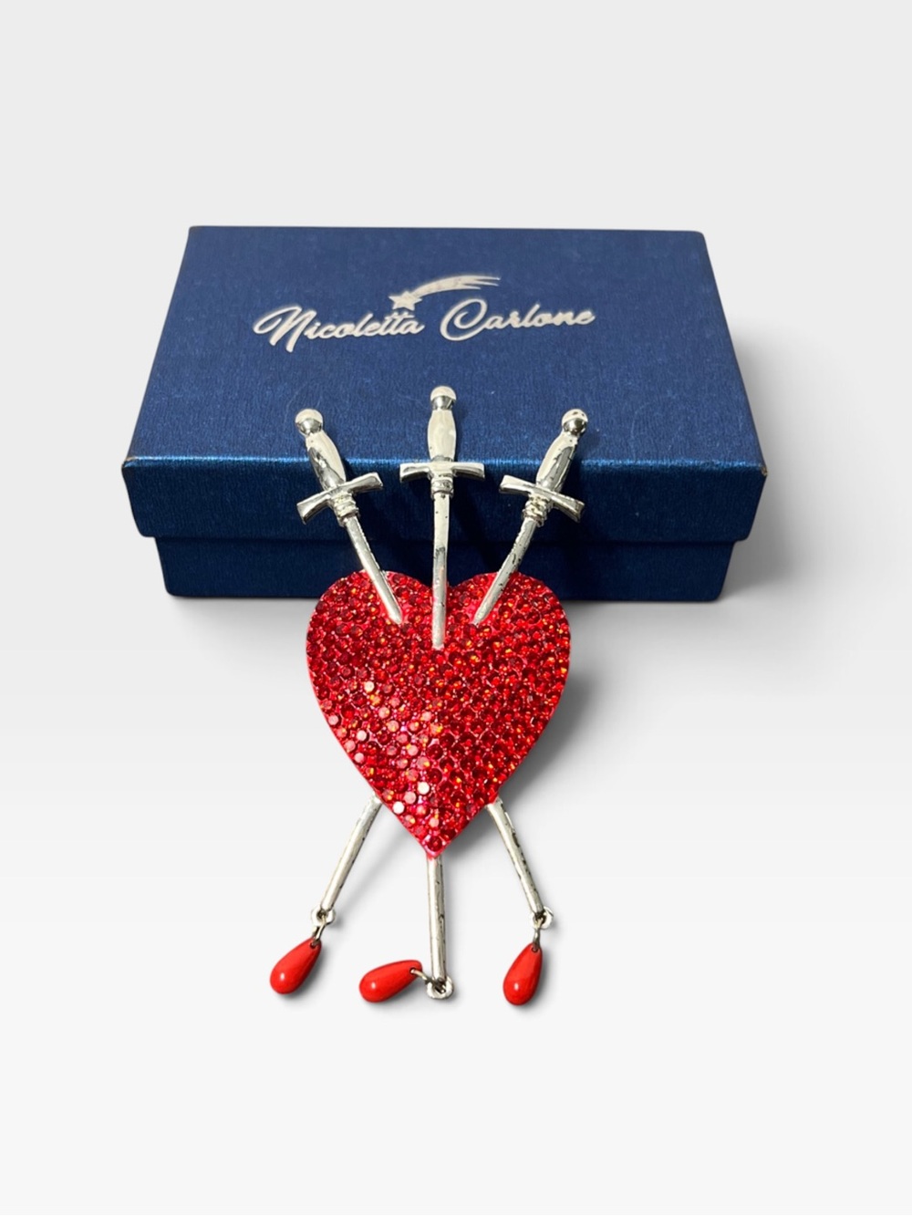 Nicoletta Carlona Arcana Triple Sword Jeweled Heart  Brooch Maximalist Pin w Box